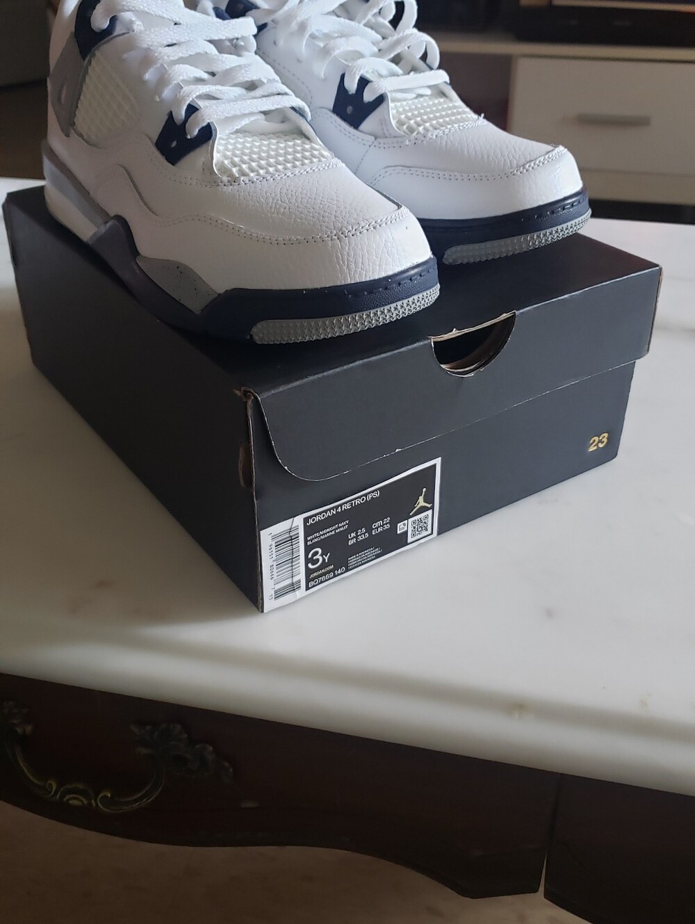 Jordan Kids White Navy and Gray Retro Basketball Sneakers - Picture 5 of 5